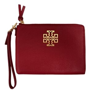Tory Burch Britten Large Leather Zip Pouch Wristlet | Red | Gold Logo